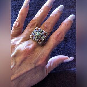 Multi color jade and semi precious gemstone ring set in silver